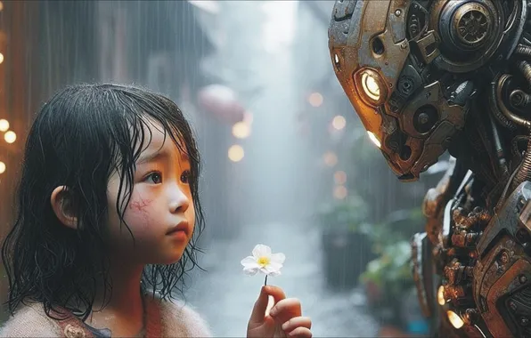 ART, robot, flower, two, fantastic, hello, little Girl