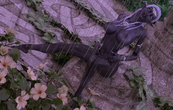 Erotic, chest, girl, flowers, rain, feet, elf, body