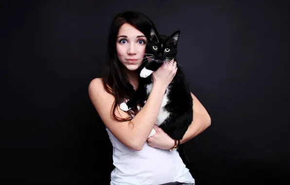 Cat, girl, model, cat, model, brunette, Emily Rudd