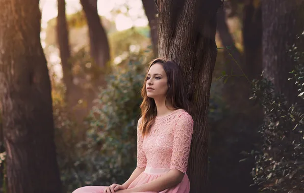 Picture look, girl, reverie, face, tree, dress