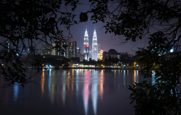Night, branches, lights, river, building, home, promenade, Malaysia