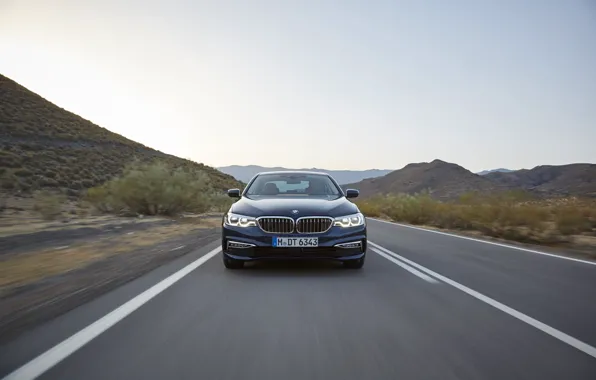 Road, the sky, mountains, BMW, sedan, front view, xDrive, 530d