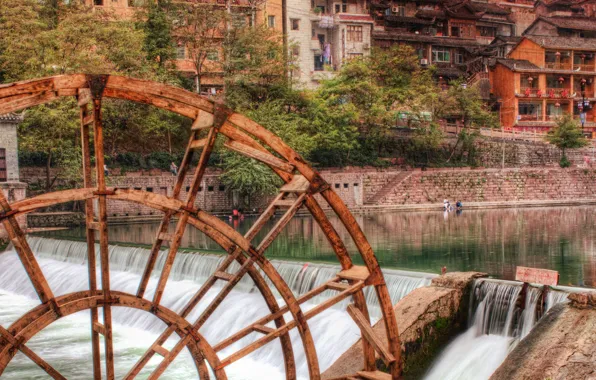 Picture river, home, wheel, hdr, cascade