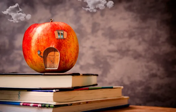 Clouds, table, background, books, Apple, house