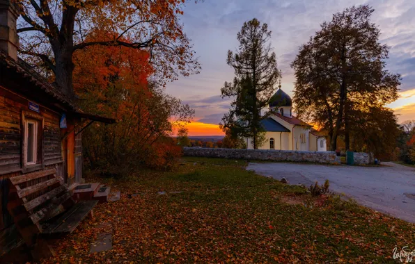 Autumn, landscape, sunset, village, the evening, Church, Tula oblast, Ilya Garbuzov