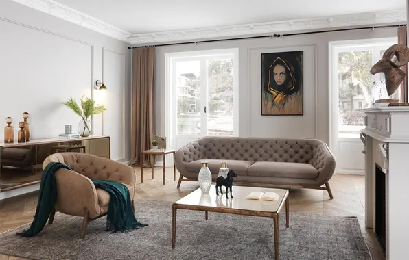 Design, style, room, interior, fireplace, living room, cozy, upholstered furniture