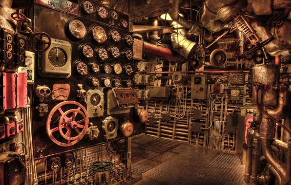 Pipe, style, ship, steampunk, valve, mechanisms, sensors, battleship