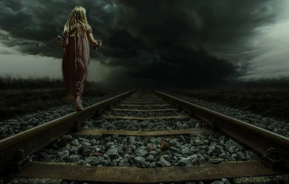 Clouds, Road, Clouds, Girl, The storm, Girl, The way, Landscape