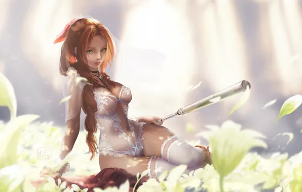 Long hair, blue eyes, ponytail, brunette, big boobs, looking at viewer, Aerith Gainsborough, closed mouth