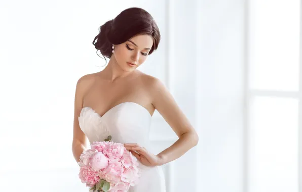 Girl, bouquet, makeup, dress, hairstyle, the bride, in white