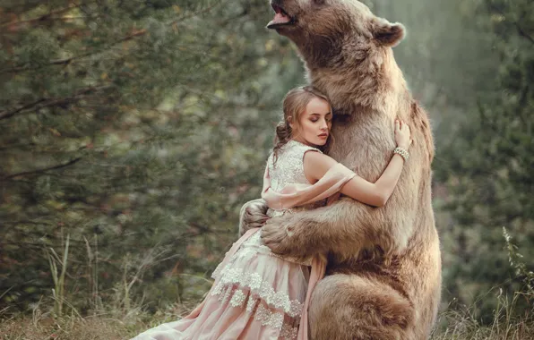 Forest, girl, dress, bear, friendship, friends, hugs, Olga Veremeeva