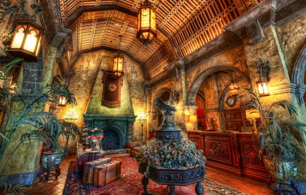 Picture web, hdr, fireplace, the hotel, the hotel, suitcases