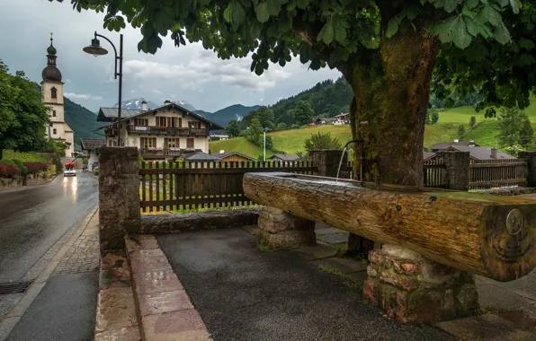 Picture road, clouds, mountains, home, Germany, Bayern, Church, lantern