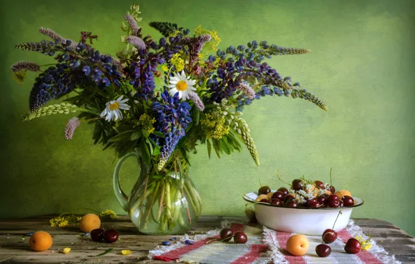 Flowers, chamomile, bouquet, still life, cherry, apricots, Lupin