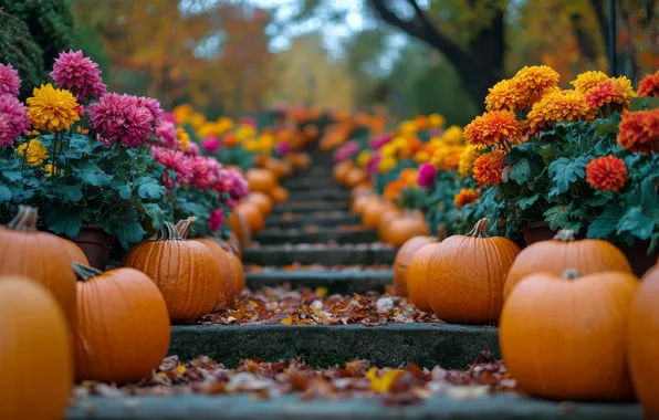 Autumn, leaves, flowers, Park, foliage, garden, ladder, pumpkin
