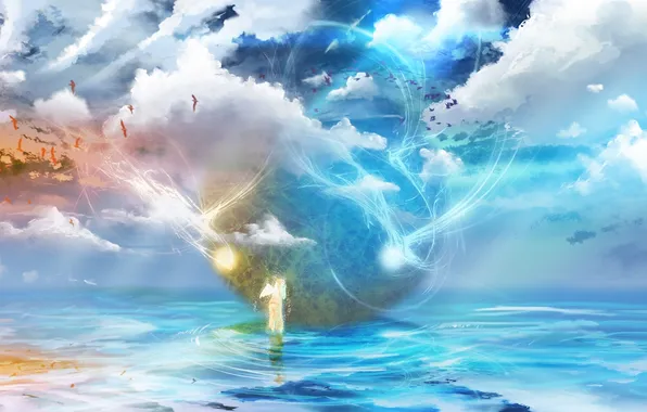 The sky, water, clouds, bird, magic, wings, angel, anime