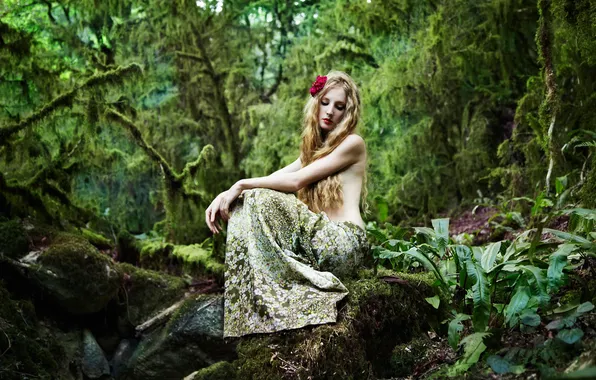 Picture forest, girl, hair, stone, makeup, fairy forest