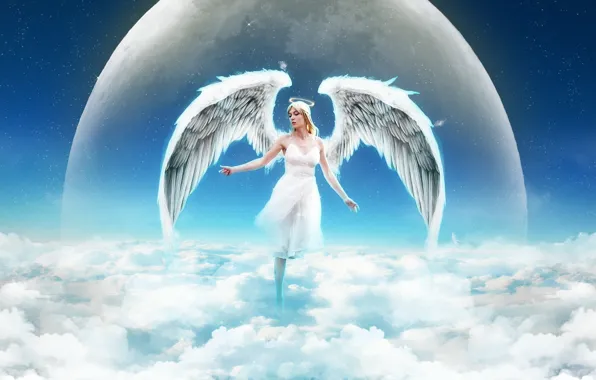 The sky, girl, clouds, planet, wings, angel, halo