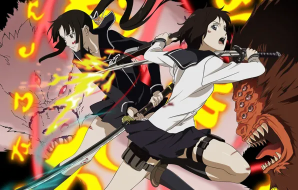Fire, flame, girl, sword, game, school uniform, war, eyes