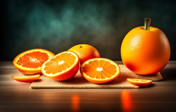 Light, glare, table, orange, oranges, fruit, citrus, halves