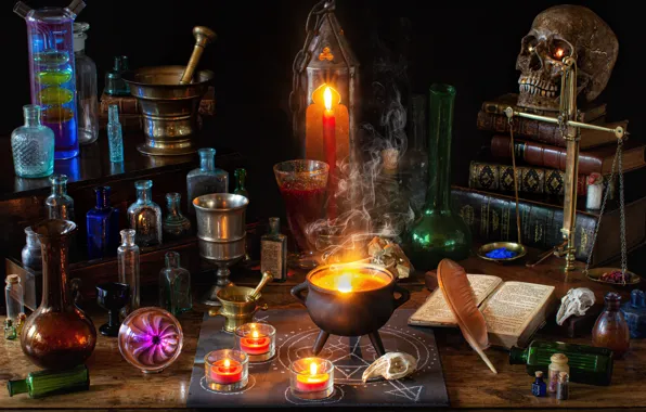 Picture bubbles, pen, magic, books, skull, candles, Halloween, bowler