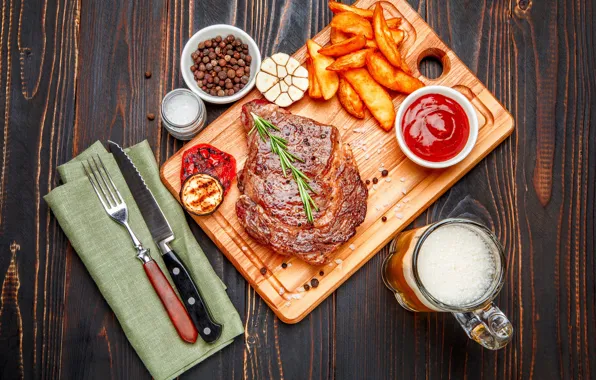 Beer, knife, meat, Board, plug, vegetables, sauce, spices