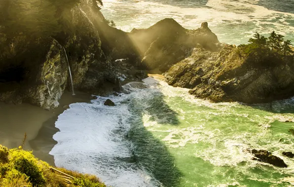 Picture beach, rays, light, rocks, waterfall, California, USА, Monterey County