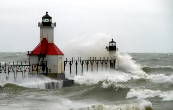 Sea, wave, lighthouse