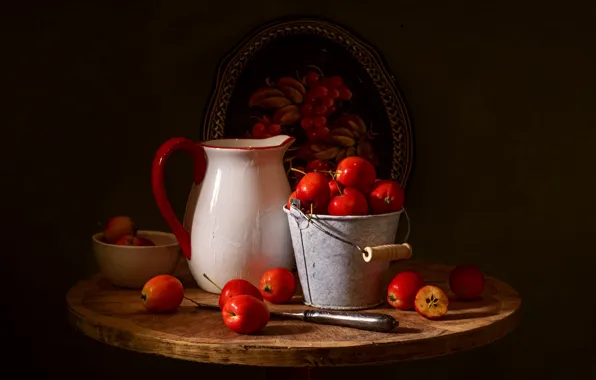 Apples, pitcher, still life, kitaika, tray, bucket, Ranetki, apples