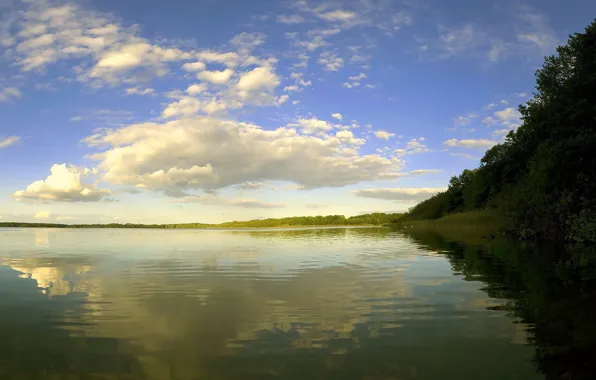 The sky, clouds, landscape, lake, reflection, horizon, hills