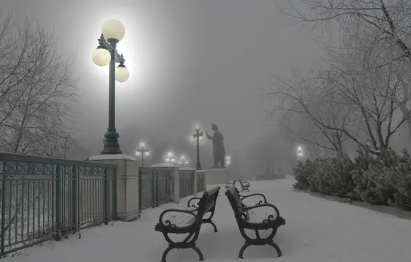 Winter, snow, fog, Park, lights, bench