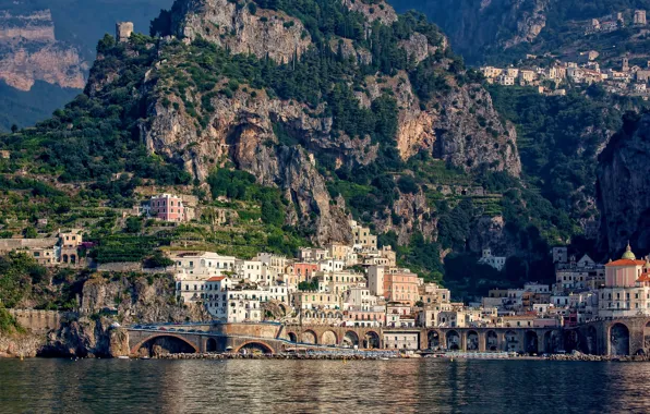 City, sea, landscape, Italy, Amalfi, coast, rocks, houses