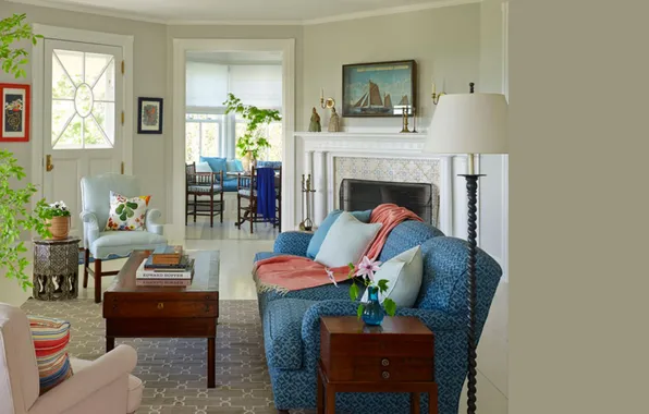 Design, style, interior, plants, fireplace, upholstered furniture, cozy living room, by TheRIBIZSuites