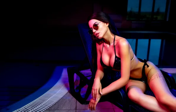 Swimsuit, pose, model, body, makeup, figure, brunette, glasses