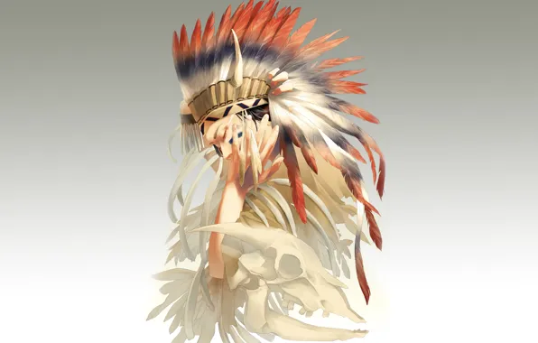 Picture feathers, skeleton, guy, art, Indian, headdress