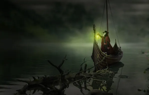 Picture light, lake, Boat, fantasy, art, lantern, The plague doctor