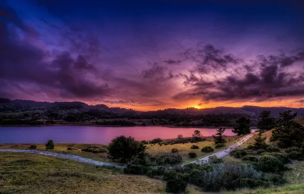 Road, landscape, sunset, river, HDR