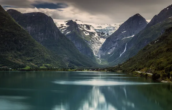 Mountains, lake, Norway, Norway, Stryn, Jostedalsbreen national Park, The Briksdal Glacier, Jostedalsbreen National Park