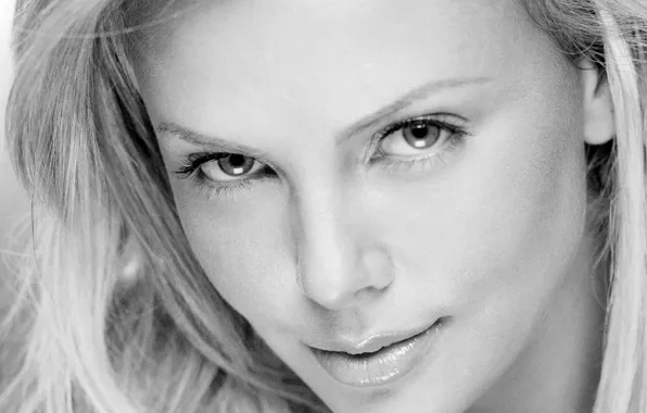 Charlize Theron, black and white, Eyes, Actress