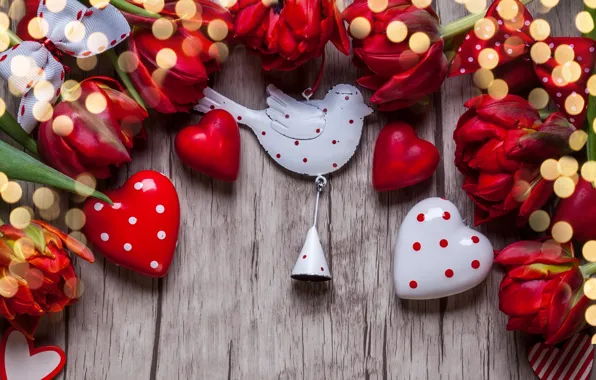 Picture love, flowers, gift, hearts, tulips, red, love, wood