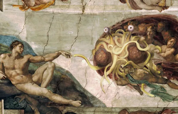 Picture, Angels, religion, Adam, Flying Spaghetti Monster, pastafarianstvo, The Sistine chapel, God