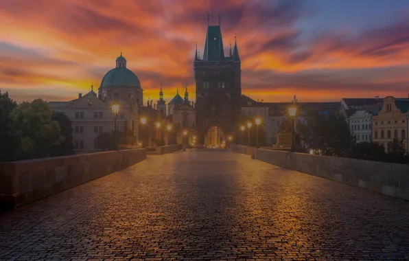 Clouds, sunset, bridge, the city, lights, the evening, Prague, Czech Republic