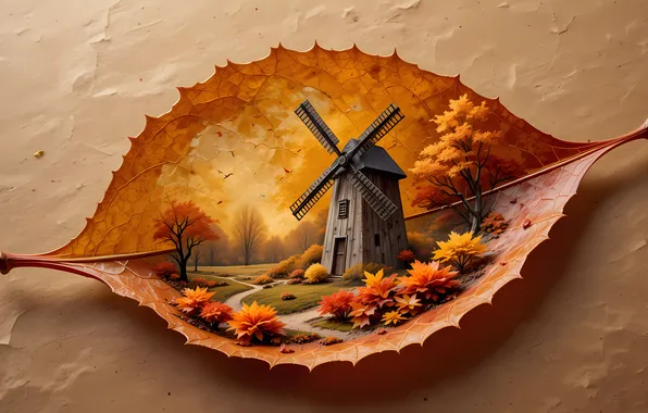 Autumn, trees, leaf, mill, beige background, windmill, autumn leaf, imitation painting