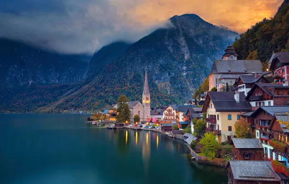 Mountains, lake, home, Austria, Hallstatt, Hallstatt