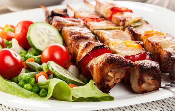 Meat, vegetables, tomatoes, kebab