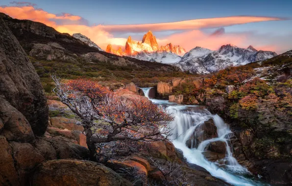 Autumn, the sky, clouds, light, trees, mountains, stones, rocks