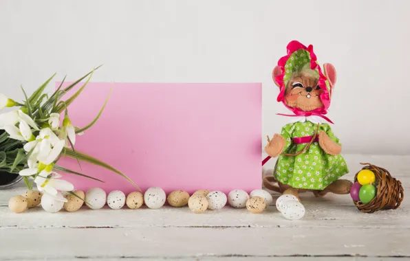 Flowers, eggs, doll, Easter, Holiday