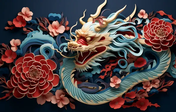 Flowers, pose, blue, dragon, Christmas, mouth, red, New year