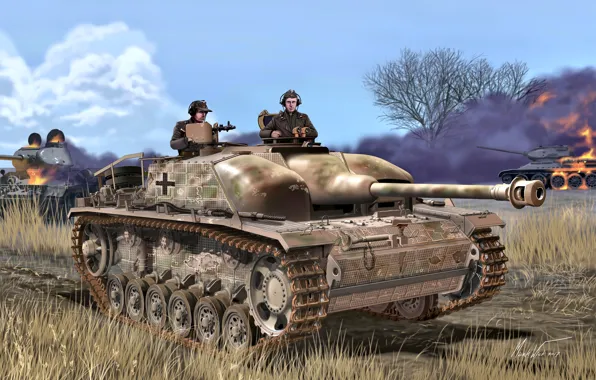 Grass, Smoke, Germany, tank, burns, T-34/85, The second World war, The Wehrmacht