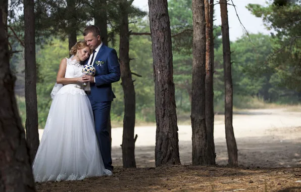 Forest, photo, bouquet, dress, the bride, beautiful, wedding, the groom